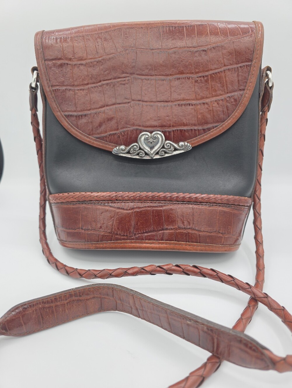 Vintage Brighton T922254 Black Brown Leather Croc Embossed Crossbody Bag